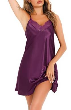 Wikoan Sexy Nachthemden für Damen Weicher Nachtwäsche Frauen V-Ausschnitt Satin Nachthemd Trägern Unterhemd B-Dark Purple S von Wikoan