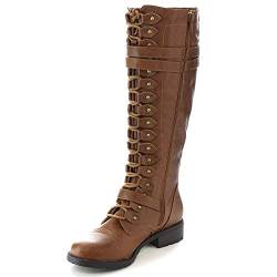 Wild Diva Timberly Damen Fashion Lace Up Buckle Knee High Combat Boots, Cognac, 40 EU von Wild Diva