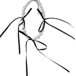 Wilgure Elegante Halskette mit Perlen und Perlen, wunderschöne Schleife, Halskette, Accessoire, modische Schlüsselbeinkette für Frauen und Mädchen von Wilgure
