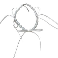 Wilgure Elegante Halskette mit Perlen und Perlen, wunderschöne Schleife, Halskette, Accessoire, modische Schlüsselbeinkette für Frauen und Mädchen von Wilgure
