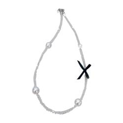 Wilgure Süße coole Halskette mit Schleife, Schlüsselbeinkette, modische Perlen-Kristall-Perlen-Halskette von Wilgure