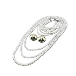 Wilitto Kunstperlen-Halsketten-Ohrring-Set, mehrschichtig, mit übertriebenen, runden Ohrsteckern, Damen, Hochzeit, Kunstperle, Sekundärer Stein von Wilitto