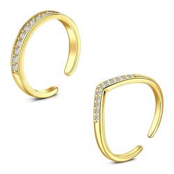 WillTen 2Pcs Gold Toe Ring Edelstahl einstellbar Bend Open Toe Ring, Blume Pfeil Blatt CZ Toe Finger Schwanz Ring Sommer Strand Fuß Schmuck Set für Frauen Männer von WillTen