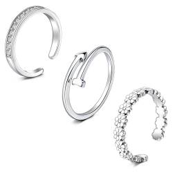 WillTen 3Pcs Silber Zehenring Edelstahl einstellbar Biegung offener Zehenring, Blume Pfeil Blatt CZ Zehe Finger Schwanz Ring Sommer Strand Fußschmuck Set für Frauen Männer von WillTen