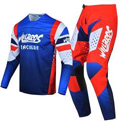 Willbros MX Ausrüstungsset Motocross Jersey Hose Combo Herren Dreckiges Fahrrad Frauen Offroad Reiten Erwachsene Rot Blau (Jersey M Pants 32) von Willbros