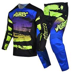 Willbros Motocross Jersey Hose Kombination MX Reitausrüstungsset Herren Motorrad Offroad Dreckiges Fahrrad Radfahren Rennen BMX ATV Gelb Blau (Jersey L Hose 34) von Willbros