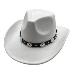 Cowboyhut Damen Herren Westernhut Fedora Hut Breiter Krempe mit Lederband (Weiß) von Willheoy