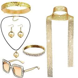 6 Stück Disco Accessoires, 70er jahre Kostümzubehör 70er Damen Glitzer Schmuck 1970s Retro Party Zubehör Frauen 80er Pailletten Quaste Ohrringe Stirnband Strass Armband Halskette Sonnenbrille von Windsfinr