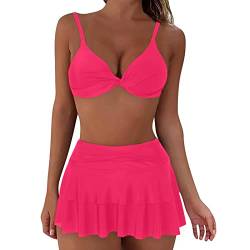 Bikini Set Damen Große Größe Zweiteilig Bandeau Bauchweg Badeanzug Drucken Sexy Push Up Bikini Set Sport Figurformend Strandmode Schwimmanzug mit Rock (YYY2-Hot Pink, L) von Windsfinr