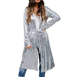 Damen Pailletten Strickjacke Langarm Loose Cover Up Lang Strickjacke Kimono Cardigan Elegantes Mantel Strickjacke Damen Herbst Mantel mit Gürtel (Silver, M) von Windsfinr