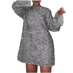 Pailettenkleider für Damen Glitzer Kleid Partykleid Hochzeit Cocktailkleid Elegant Sexy Hochzeitskleid Langarm Festlich Party Pailletten Kleider Glitzerkleid Abendkleid Silvester Outfit (Grey, XXL) von Windsfinr