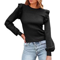 Pullover Damen Rüschen Puffärmel Sweatshirt ohne Kapuze Leichter Sweater Basic Oberteile Casual Langarmshirt Elegant Langarm Tops T-Shirt für Sommer Frühling Herbst Winter (Black, S) von Windsfinr