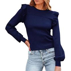 Pullover Damen Rüschen Puffärmel Sweatshirt ohne Kapuze Leichter Sweater Basic Oberteile Casual Langarmshirt Elegant Langarm Tops T-Shirt für Sommer Frühling Herbst Winter (Blue, S) von Windsfinr