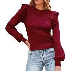 Pullover Damen Rüschen Puffärmel Sweatshirt ohne Kapuze Leichter Sweater Basic Oberteile Casual Langarmshirt Elegant Langarm Tops T-Shirt für Sommer Frühling Herbst Winter (Wine, S) von Windsfinr