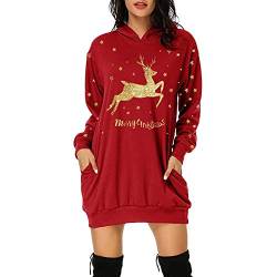 Sweatkleid Damen Langarm Hoodie Kleid Weihnachten Langarmshirt Weihnachtspullover Herbst Winter Pullover Vintage Tunika Kapuzenpullover (XX1-Red, M) von Windsfinr