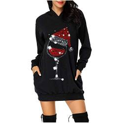 Sweatkleid Damen Langarm Hoodie Kleid Weihnachten Langarmshirt Weihnachtspullover Herbst Winter Pullover Vintage Tunika Kapuzenpullover (YY1-Black, XXL) von Windsfinr