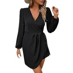 Windsfinr Damen-Freizeitkleid, schwarz, einfarbig, mit V-Ausschnitt und Langen Ärmeln Festliche Kleider (Black, M) von Windsfinr