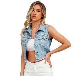 Windsfinr Damen Jeansweste Street Hipster Besetzt mit Perlenkantentaschen, Jeansweste Ärmellose Strickjacke Schlanke, Ausgefranste, Zerrissene Jeansweste (Blue, XXL) von Windsfinr