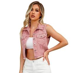 Windsfinr Damen Jeansweste Street Hipster Besetzt mit Perlenkantentaschen, Jeansweste Ärmellose Strickjacke Schlanke, Ausgefranste, Zerrissene Jeansweste (Pink, XXL) von Windsfinr