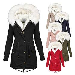 Winterjacke Damen Lang Mantel Herbst Parka Winter Jacke Warm mit Fellkapuze Baumwolljacke Dickere Reißverschluss Tasche Mantel Freizeit Winddicht Kälteschutz Windjacke Übergangsjac (Schwarz , XXXL) von Windsfinr