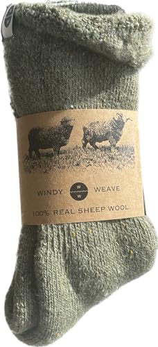 Windy Weave Weiche Socken Wolle (100% Echte Schafwolle) 1 Paar I Kuschelsocken, Thermo Strümpfe Naturwolle, Gestrickte Lange Socken (Wolle (EU 35-44 I Einheitsgröße), O2 - Grün) von Windy Weave