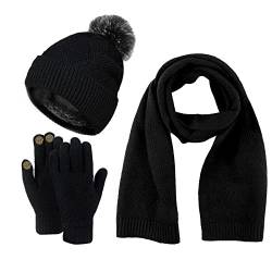 Damen Winter Warm Mütze mit Bommel Touchscreen Handschuhe und Lang Schal Set mit Dick Fleece Gefütterte, Winterhandschuhe Weihnachten Geschenk für Frauen von WingFly