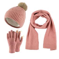 Damen Winter Warm Mütze mit Bommel Touchscreen Handschuhe und Lang Schal Set mit Dick Fleece Gefütterte, Winterhandschuhe Weihnachten Geschenk für Frauen von WingFly