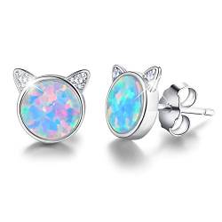 ✦Muttertagsgeschenke für Mama✦ Winglove Ohrringe Silber 925 Opal Katze Ohrstecker Nette Katze mit Naturstein Ohrringe Schmuck Damen Kleine Geschenke für Kinder.(White Gold-Blue Opal) von Winglove