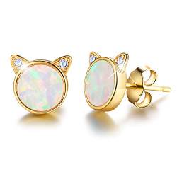 ✦Valentinstag Geschenk Für Sie✦ Winglove 18 Karat Vergoldung 925 Sterling Silber Opal Katze Ohrstecker Nette Katze mit Naturstein Ohrringe Damen Schmuck Geschenke für Frauen.(Yellow Gold-White Opal) von Winglove