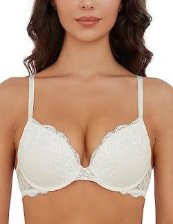 Wingslove Damen Push Up BH mit Floraler Spitze gepolsterter Bügel BH Komfort BH (Elfenbein, 85C) von Wingslove