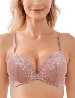 Wingslove Damen Push Up BH mit Floraler Spitze gepolsterter Bügel BH Komfort BH (Rosa Braun, 75D) von Wingslove