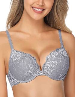 Wingslove Damen Push Up BH mit floraler Spitze gepolsterter Bügel BH Komfort BH, Grau, 34D / 75D von Wingslove