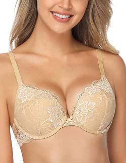 Wingslove Damen Push Up BH mit floraler Spitze gepolsterter Bügel BH Komfort BH, Nude, 32DD / 70DD(E) von Wingslove