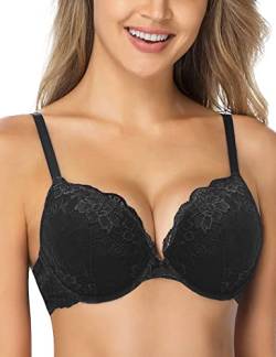 Wingslove Damen Push Up BH mit floraler Spitze gepolsterter Bügel BH Komfort BH, Schwarz, 38B / 85B von Wingslove