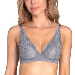 Wingslove Damen Sexy Bügel Spitze BH Tief V Mesh Komfort Leicht Gepolstert BH Bralette (Grey 34B) von Wingslove