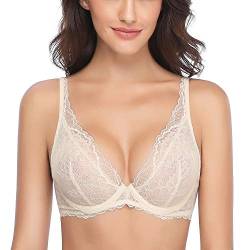 Wingslove Damen Sexy Bügel Spitze BH Tief V Mesh Komfort Leicht Gepolstert BH Bralette (Nackt 38E) von Wingslove