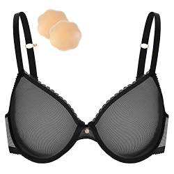 Wingslove Damen Sexy Durchsichtiger BH mit Bügel Büstenhalter ohne Polsterung Spitze Mesh Transparent BH mit Einem Paar Silikon-Nipple Cover (Schwarz, 90E) von Wingslove