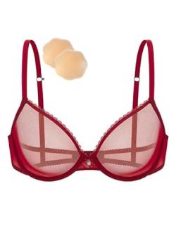 Wingslove Damen Sexy Durchsichtiger BH mit Bügel Büstenhalter ohne Polsterung Spitze Mesh Transparent BH mit Einem Paar Silikon-Nipple Cover (Weinrot, 85D) von Wingslove