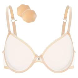 Wingslove Damen Sexy Transparenter BH Unwattierter Bügel BH Spitze Mesh Durchsichtiger BH Mit einem Paar Silikon-Brustaufkleber(Nackt,32B) von Wingslove