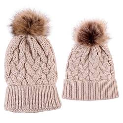 2PCS Mutter & Baby Strickmütze Winterwärmer Familie Häkelarbeithut Wollmütze Beanie Ski Hüte&Mützen (Khaki) von Winmany