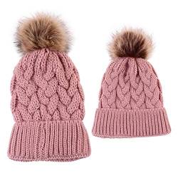 2PCS Mutter & Baby Strickmütze Winterwärmer Familie Häkelarbeithut Wollmütze Beanie Ski Hüte&Mützen (Rosa) von Winmany