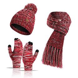 3-teiliges Winter-Mütze, Schal, Handschuhe, Set für Damen und Herren, Strickfleece, Touchscreen-Handschuhe, Beanie-Mütze, Skimütze, rot, Einheitsgröße von Winmany