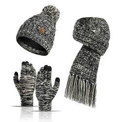 3-teiliges Winter-Mütze, Schal, Handschuhe, Set für Damen und Herren, Strickfleece, Touchscreen-Handschuhe, Beanie-Mütze, Skimütze, schwarz, Einheitsgröße von Winmany