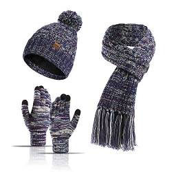 3-teiliges Winter-Mütze, Schal, Handschuhe, Set für Damen und Herren, Strickfleece, Touchscreen-Handschuhe, Beanie-Mütze, Skimütze, violett, Einheitsgröße von Winmany