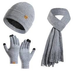 3PCS Winter Warme Mütze Schal Handschuhe Set für Damen Herren Strick Fleece Touchscreen Handschuhe Beanie Hut Skimütze, Grau, EinheitsgröÃŸe von Winmany