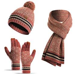 3PCS Winter Warme Mütze Schal Handschuhe Set für Damen Herren Strick Fleece Touchscreen Handschuhe Beanie Hut Skimütze, Schneeflocke rot, XXL/Einheitsgröße von Winmany
