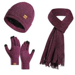 3PCS Winter Warme Mütze Schal Handschuhe Set für Damen Herren Strick Fleece Touchscreen Handschuhe Beanie Hut Skimütze, Weinrot, EinheitsgröÃŸe von Winmany