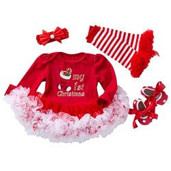 4 Stück Baby-Strampler für Neugeborene Mädchen Weihnachtsoutfit Tutu-Kleid mit Stirnband Buchstabe Beinwärmer rote Schuhe Set für 0~24 Monate von Winmany