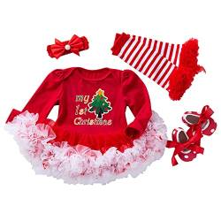 4 Stück Baby-Strampler für Neugeborene Mädchen Weihnachtsoutfit Tutu-Kleid mit Stirnband Buchstabe Beinwärmer rote Schuhe Set für 0~24 Monate von Winmany