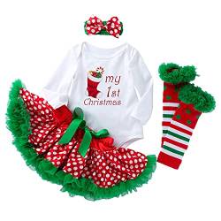 4 Stück Baby-Strampler für Neugeborene Mädchen Weihnachtsoutfit Tutu-Kleid mit Stirnband Buchstabe Beinwärmer rote Schuhe Set für 0~24 Monate von Winmany